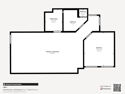 A floor plan of a property with a kitchen, living room, utility room, bathroom, and bedroom.